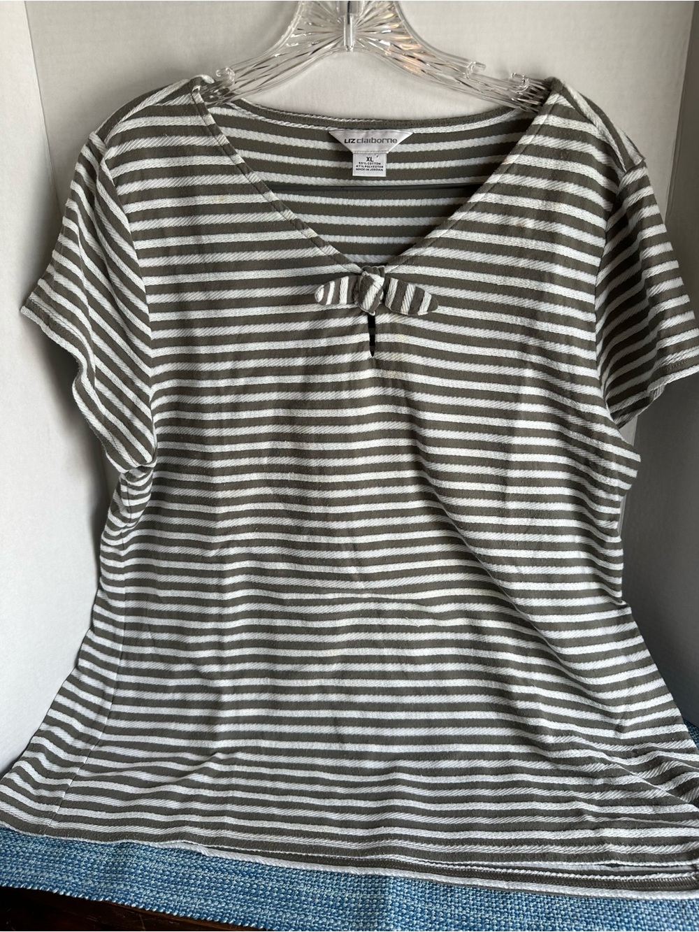 Liz Claiborne Olive & White Striped V-Neck Short Sleeve Top with Front Tie
